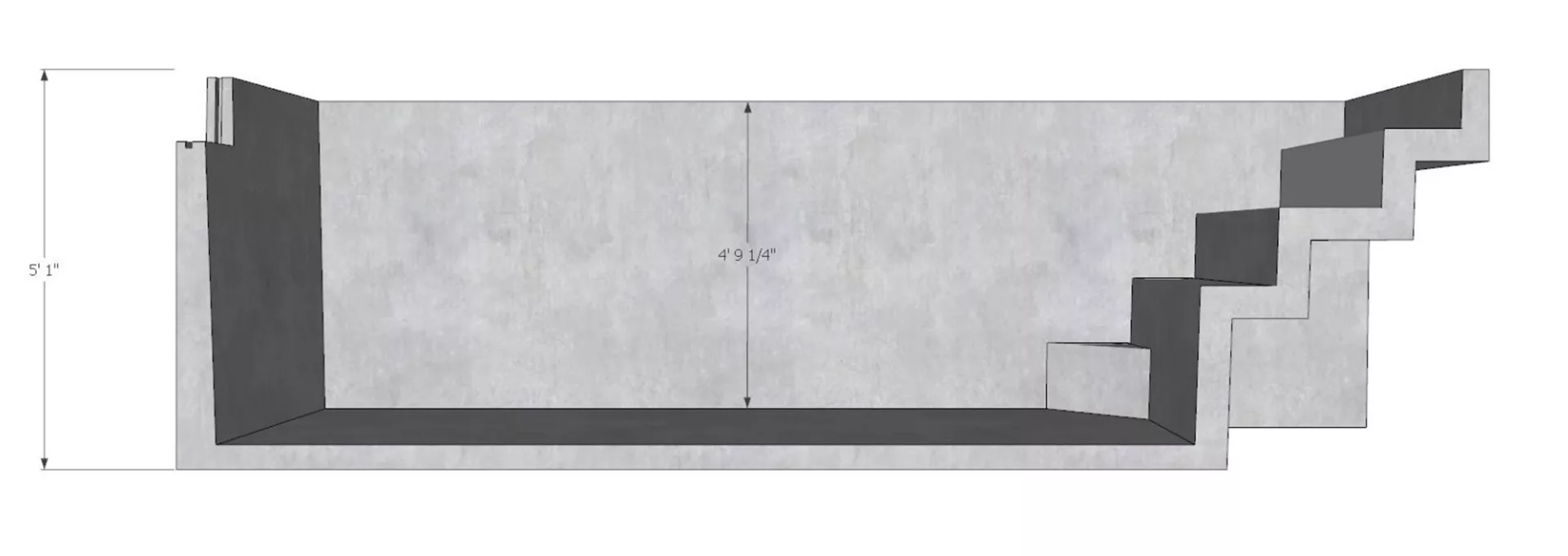 Piscine prémoulée en béton Bayto, format 20 pieds. Vue de coupe.